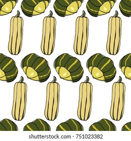 Vector seamless pattern with  hand drawn delicata and buttercup squash. Ink drawing, beautiful vegetarian design elements.