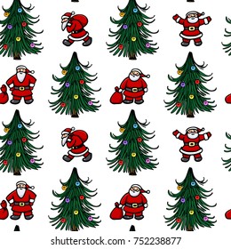 Vector seamless pattern with hand drawn cute Santa Clauses and decorated Christmas trees. Beautiful Christmas design elements, lovely characters