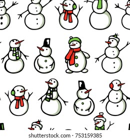 Vector seamless pattern with hand drawn cute snowmen. Beautiful Christmas design elements, lovely characters