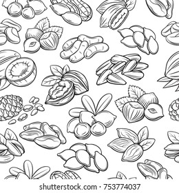 Vector seamless pattern with hand drawn nuts and seeds.  Cola nut, pumpkin seed, peanut and sunflower seeds. Pistachio, cashew, coconut, hazelnut and macadamia. Illustration in sketch retro style.