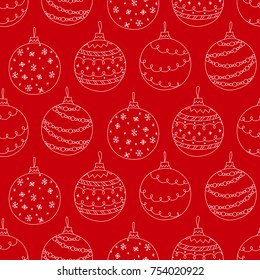 Vector seamless pattern of hand drawn white Christmas ball toy on red background
