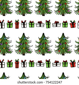 Vector seamless pattern with hand drawn decorated Christmas trees and gift boxes. Beautiful Christmas design elements, lovely characters