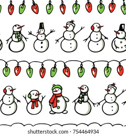 Vector seamless pattern with hand drawn holiday lights and cute snowmen. Beautiful Christmas and New Year design elements.