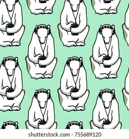 Vector seamless pattern with hand drawn cute polar bears sitting with smartphones and headphones on. Beautiful ink drawing.