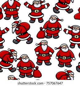 Vector seamless pattern with hand drawn cute Santa Clauses. Beautiful Christmas design elements, lovely characters
