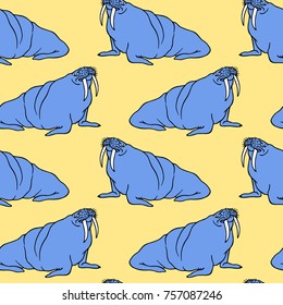 Vector seamless pattern with hand drawn lovely blue walruses. Beautiful ink drawing, animal illustration