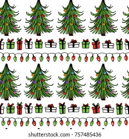 Vector seamless pattern with hand drawn decorated Christmas trees and gift boxes and holiday festoons. Beautiful Christmas design elements, lovely characters