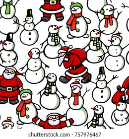 Vector seamless pattern with hand drawn cute Santa Clauses and snowmen. Beautiful Christmas design elements, lovely characters