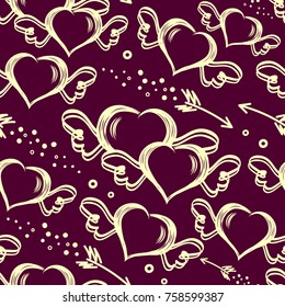 Vector seamless pattern with hand drawn hearts with wings and flying arrows. St.Valentine s day background