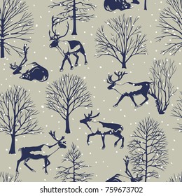 Vector seamless pattern with hand drawn reindeers in winter forest under the snow. Beautiful design elements, perfect for prints and patterns.