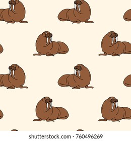 Vector seamless pattern with hand drawn lovely walruses. Beautiful ink drawing, animal illustration