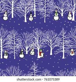 Vector seamless pattern with hand drawn cute snowmen in winter forest. Beautiful Christmas design elements, lovely characters