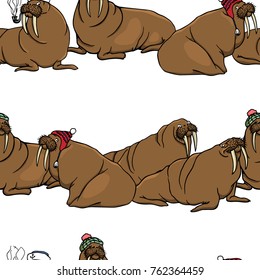 Vector seamless pattern with hand drawn lovely walruses. Beautiful ink drawing, animal illustration
