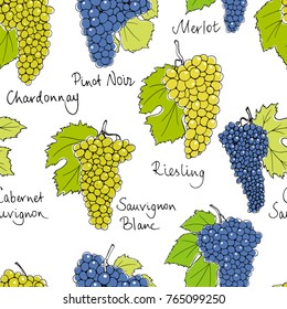 Vector seamless pattern with hand drawn wine grapes with leaves. Beautiful design elements, perfect for prints and patterns.