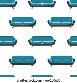 Vector seamless pattern with hand drawn blue sofas. Beautiful interior design elements, perfect for prints and pattern