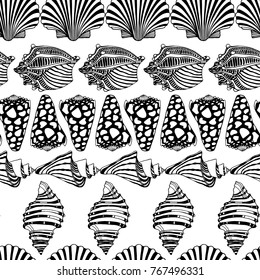 Vector seamless pattern with hand drawn seashells. Beautiful marine design elements, perfect for prints and patterns.