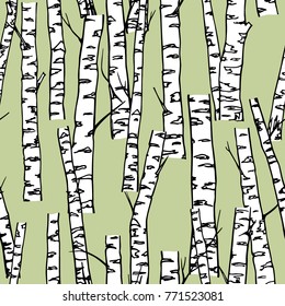 Vector seamless pattern with hand drawn birch tree trunks. Ink drawing, graphic style. Beautiful floral design elements.