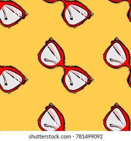 Vector seamless pattern with hand drawn sunglasses. Red glasses seamless pattern on yellow background. Seamless pattern design for print, textile, fabric, clothing, modern hipster accessories