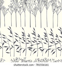 Vector seamless pattern with hand drawn meadow grass. Ink drawing, graphic style.