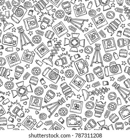 Vector seamless pattern with hand drawn symbols of photography on white color. Pattern on the theme of art, studio. Background for use in design
