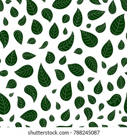 Vector seamless pattern with hand drawn green leafs isolated on white background.