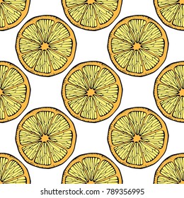 Vector seamless pattern with hand drawn lemons with branch, lemon blossom, citrus slices and leaves. Sketch background with sour fruit illustration