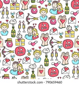 Vector seamless pattern with hand drawn colored symbols of Valentine's Day. Pattern on the theme of love. Background for use in design

