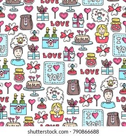 Vector seamless pattern with hand drawn colored symbols of love. Pattern on the theme of Valentine's Day. Background for use in design
