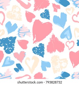 Vector seamless pattern with hand drawn stylish grunge hearts. Pastel light modern colors