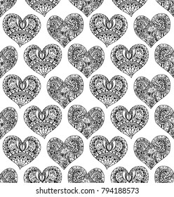 Vector seamless pattern from hand drawn doodle hearts. Black and white texture for Valentine day. Coloring page book for adult. Holiday background