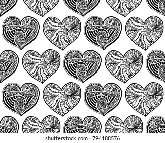 Vector seamless pattern from hand drawn doodle hearts. Black and white texture for Valentine day. Coloring page book for adult. Holiday background