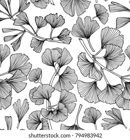 Vector seamless pattern with hand drawn Ginkgo biloba leaves. Ink drawing, graphic style, logo template