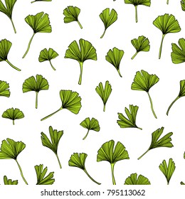 Vector seamless pattern with hand drawn Ginkgo biloba leaves. Ink drawing, graphic style, logo template
