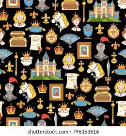 Vector seamless pattern with hand drawn colored fairy tale elements on black color. Pattern on the theme of kingdom. Background for use in design
