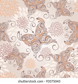 vector seamless pattern with   hand drawn butterflies and abstract flowers