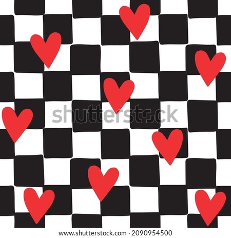 Vector seamless pattern of hand drawn sketch doodle chessboard checkered texture and hearts isolated on white background Stock fotó © 