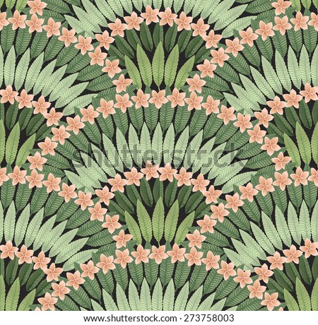 Vector seamless pattern of hand drawn tropical pink flowers and green leaves on a black background 