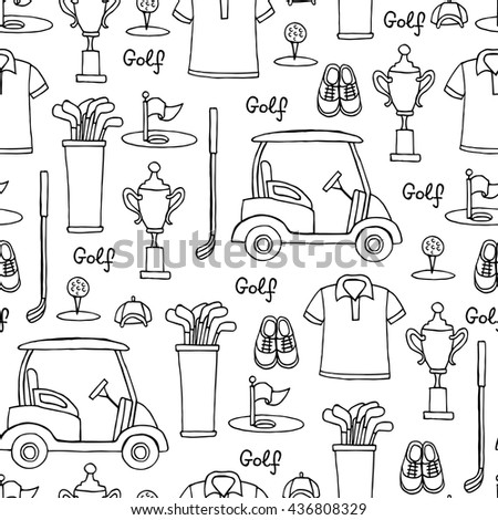 Vector seamless pattern with hand drawn symbols of golf on white color.  Pattern on the theme of hobby, game, recreation.  Background for use in design, packing, web site, fabric