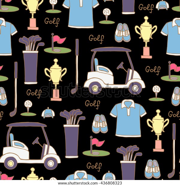 Vector seamless pattern with hand drawn colored\
symbols of golf on black color.  Pattern on the theme of hobby,\
game, recreation.  Background for use in design, packing, web site,\
fabric