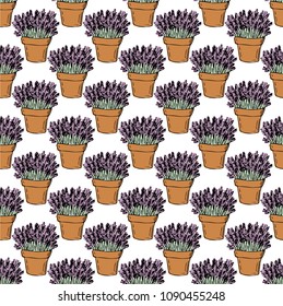 Vector seamless pattern. Hand drown flower pots with lavander on the white background