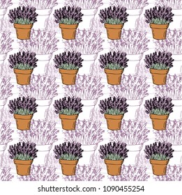 Vector seamless pattern. Hand drown flower pots with lavander on the violet flowered background.