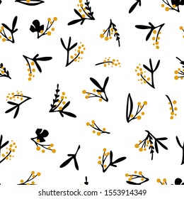 Vector seamless pattern with hand floral elements. Ink drawing, graphic style, beautiful design elements. Perfect for prints and patterns