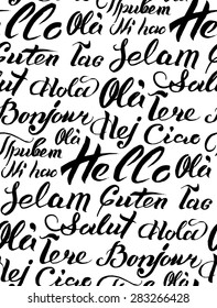 Vector seamless pattern with hand lettering Hello on different languages