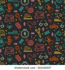 Vector seamless pattern with hand made icons. Symbols of sewing, knit, embroidery, needlework isolated on background.