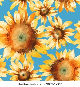 Vector seamless pattern with hand paint watercolor sunflowers. 