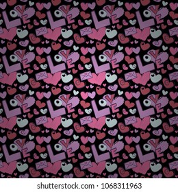 Vector seamless pattern hand painted concept with hearts, love label and letter in black and pink colors. Metaphor to Valentines day, romantic, art feeling.