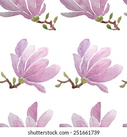  Vector seamless pattern with hand painted watercolor magnolias on white background. Watercolor floral design elements. 