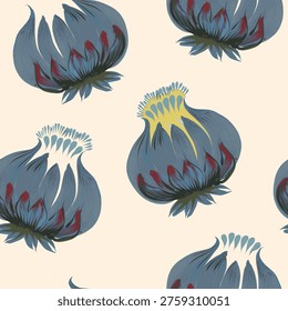 Vector seamless pattern from hand painted ornate blue flowers on a beige background