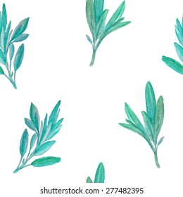 Vector seamless pattern with hand painted watercolor sage branches. Beautiful design elements.