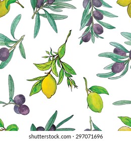 Vector seamless pattern with hand painted watercolor olive and lemon branches. Beautiful design elements, perfect for prints and patterns.
